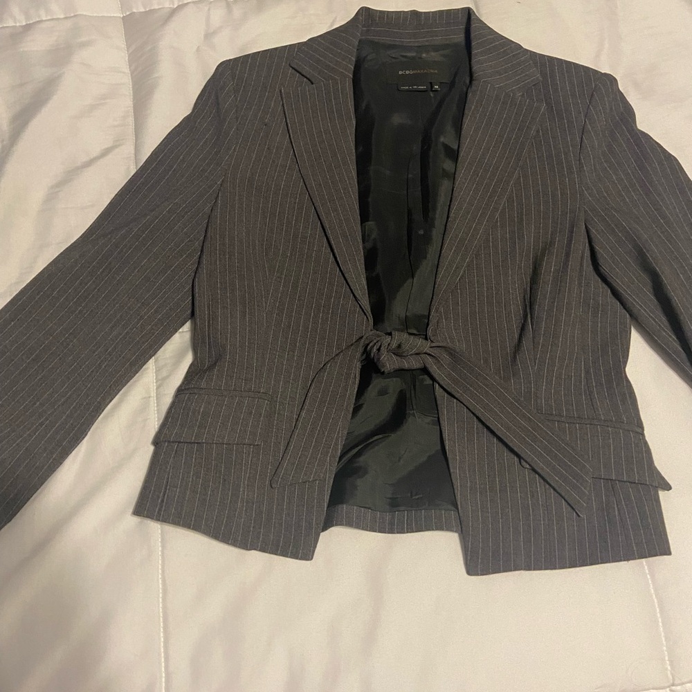 Gray Pinstripe Blazer with Tie Front and Capri Pant Set